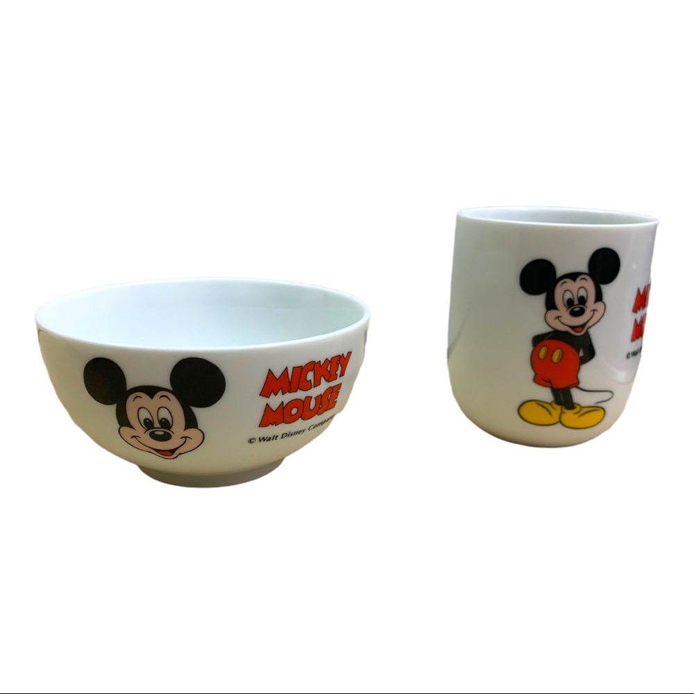 Vintage Sango Walt Disney Mickey Mouse Ceramic Cup & Bowl Japan White Red